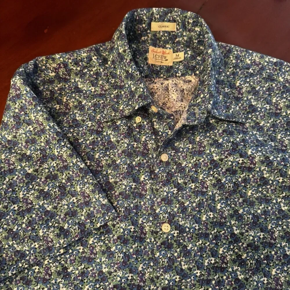 J.Crew Secret Wash Floral Button Down Cotton Shirt Blue Green Classic Fit Medium